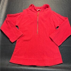 Soft Surroundings Red Cotton Gauze Hooded Tunic Top XS 1/4 Zip Lightweight